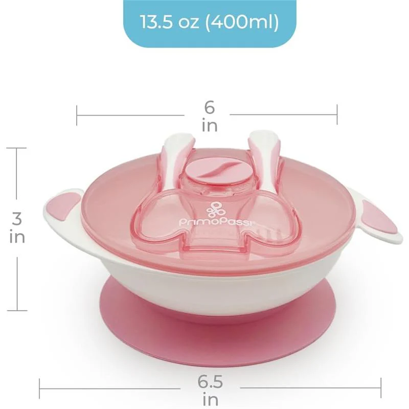 Primo Passi Baby Suction Bowl with Lid, Fork & Spoon Set, Light Pink - Image 4