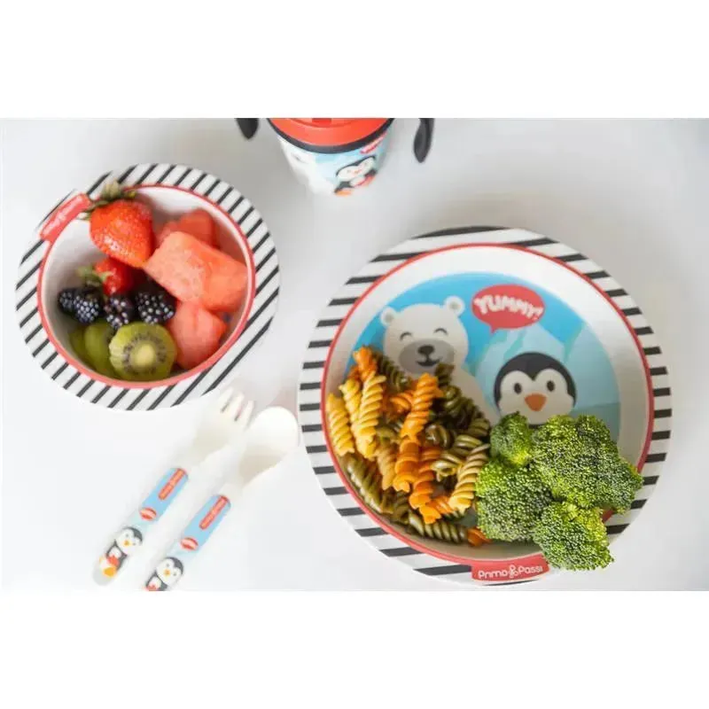 Primo Passi - Bamboo Fiber Kids Super Combo - Divided Square Plate, Square Bowl, Fork&Spoon, And 3 Food Container With Lids - Winter Friends - Image 3