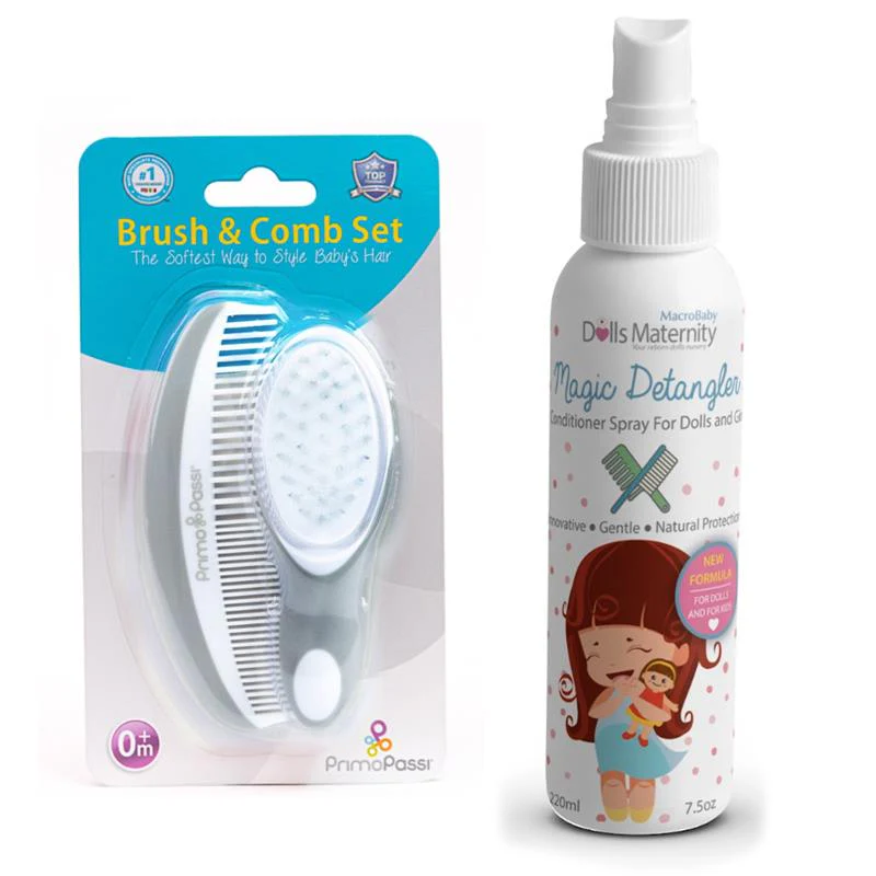 Primo Passi Super Soft Baby Comb And Brush Set (Pink) + Magic Detangler Conditioner