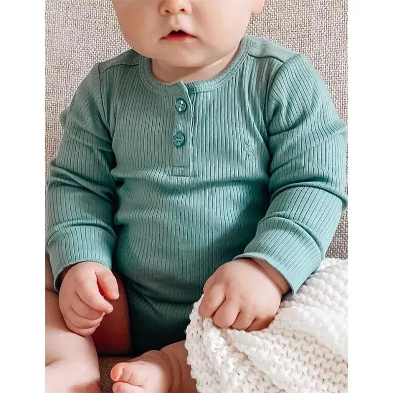 Pure Baby - Baby Boy Rib Long Sleeve Henley Bodysuit, Moss Green - Image 2