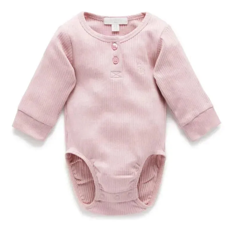 Pure Baby - Baby Girl Rib Long Sleeve Henley Bodysuit, Lavender
