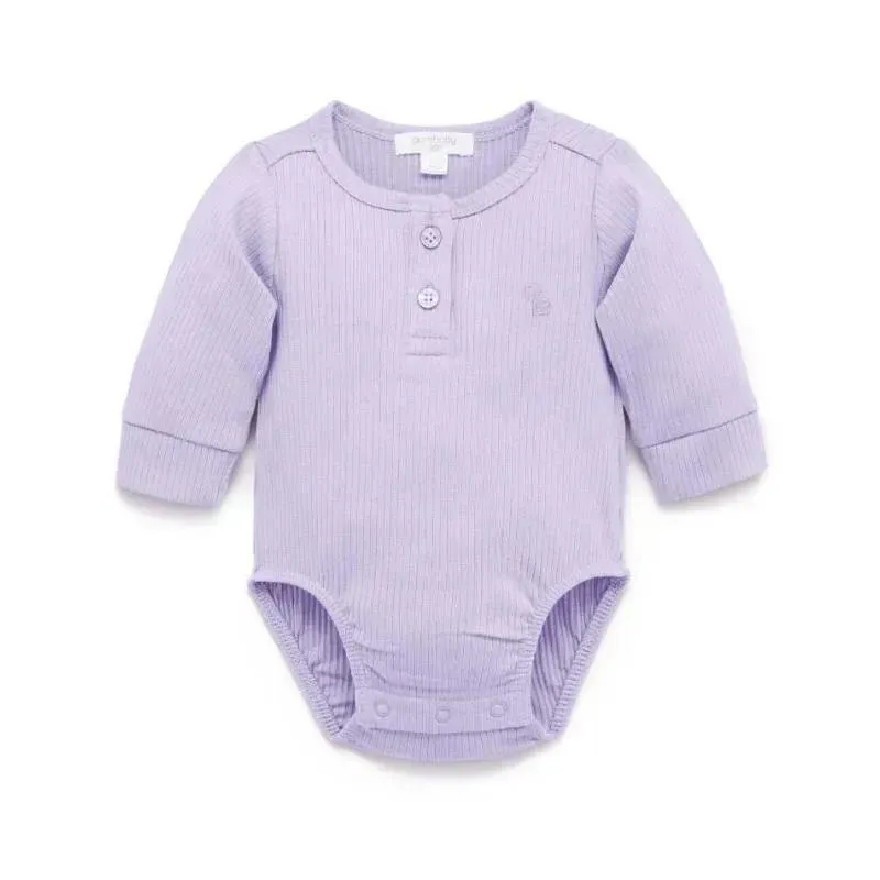 Pure Baby - Baby Girl Rib Long Sleeve Henley Bodysuit, Lilac