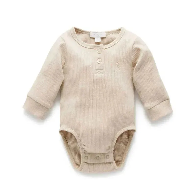 Pure Baby - Baby Neutral Rib Long Sleeve Henley Bodysuit, Biscuit Melange