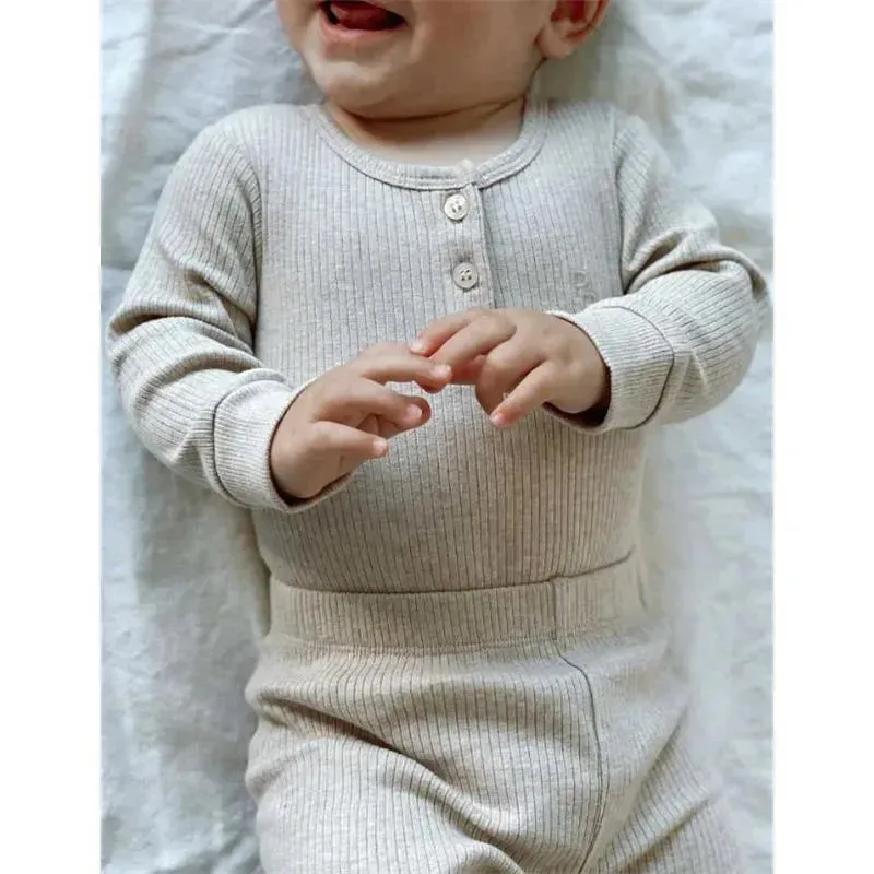Pure Baby - Baby Neutral Rib Long Sleeve Henley Bodysuit, Biscuit Melange - Image 2