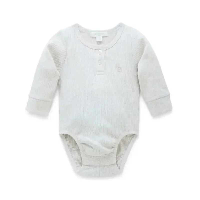 Pure Baby - Baby Neutral Rib Long Sleeve Henley Bodysuit, Wheat Melange