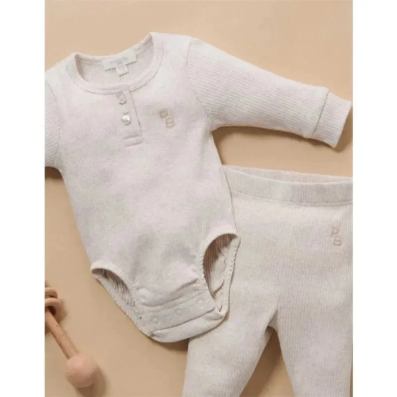 Pure Baby - Baby Neutral Rib Long Sleeve Henley Bodysuit, Wheat Melange - Image 2