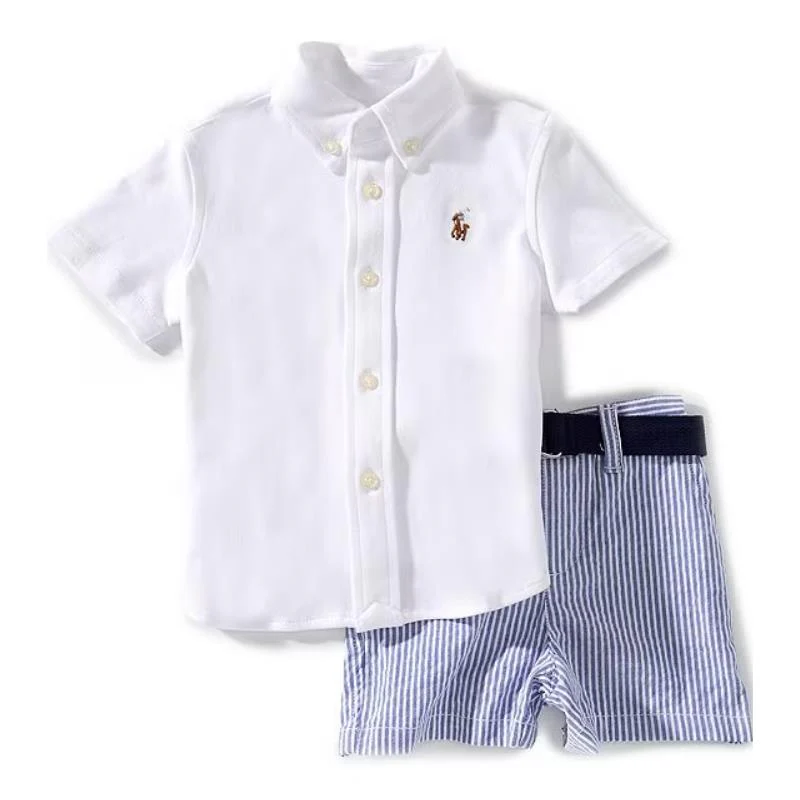 Ralph Lauren Baby 3Pk Set Short-Sleeve Interlock Sport Shirt With Belt & Seersucker Short, White