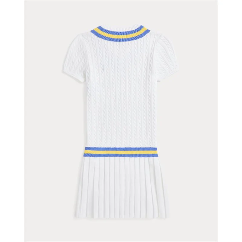 Ralph Lauren Baby - Girl Short-Sleeve Combed Cotton Mini Cable Knit Cricket Dress White/Blue - Image 2