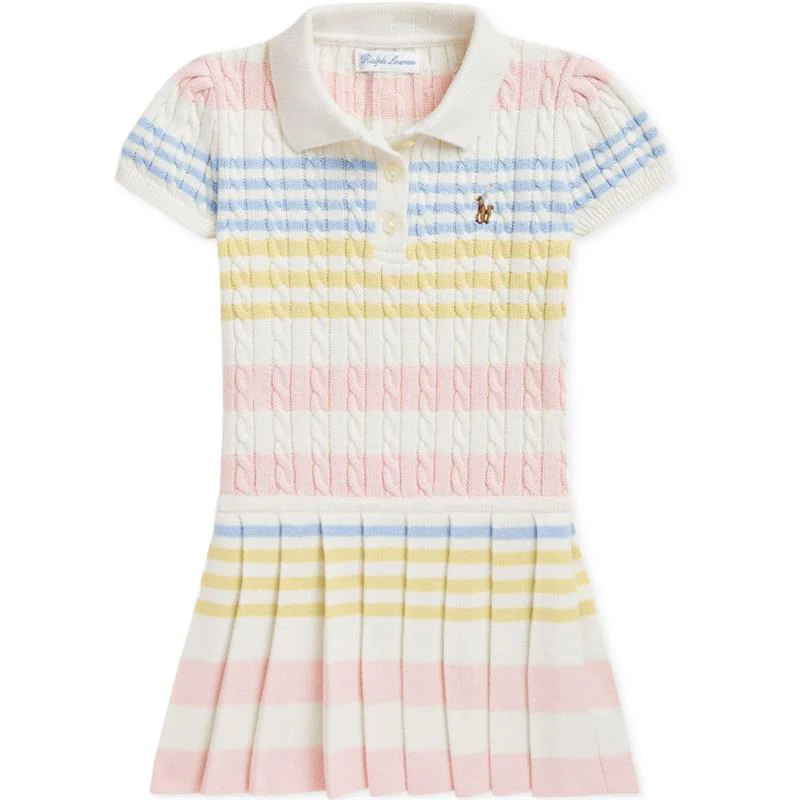 Ralph Lauren Baby - Girl Short-Sleeve Combed Cotton Mini Cable Knit Striped Polo Dress W/ Pleated Skirt