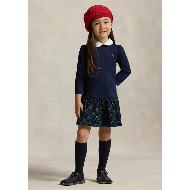 Ralph Lauren Baby - Long-Sleeve Cotton Ponte Roma Knit-To-Woven Collared Shirt Dress