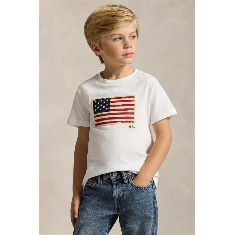 Ralph Lauren Baby Short-Sleeve Cotton Knit Flag T-Shirt, White - Image 2