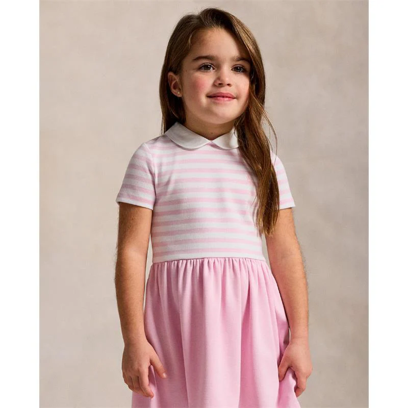 Ralph Lauren Baby - Short-Sleeve Ponte Roma Peter Pan Collar Striped Shirt Dress, Pink/White