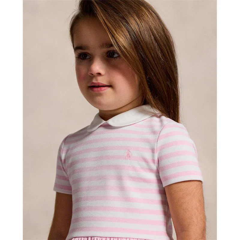 Ralph Lauren Baby - Short-Sleeve Ponte Roma Peter Pan Collar Striped Shirt Dress, Pink/White - Image 2