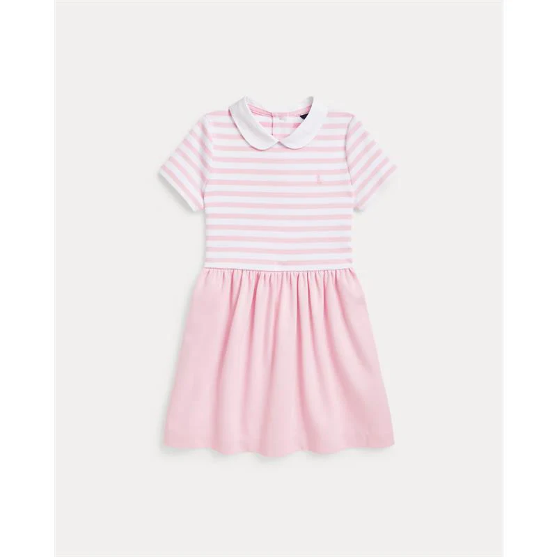 Ralph Lauren Baby - Short-Sleeve Ponte Roma Peter Pan Collar Striped Shirt Dress, Pink/White - Image 3