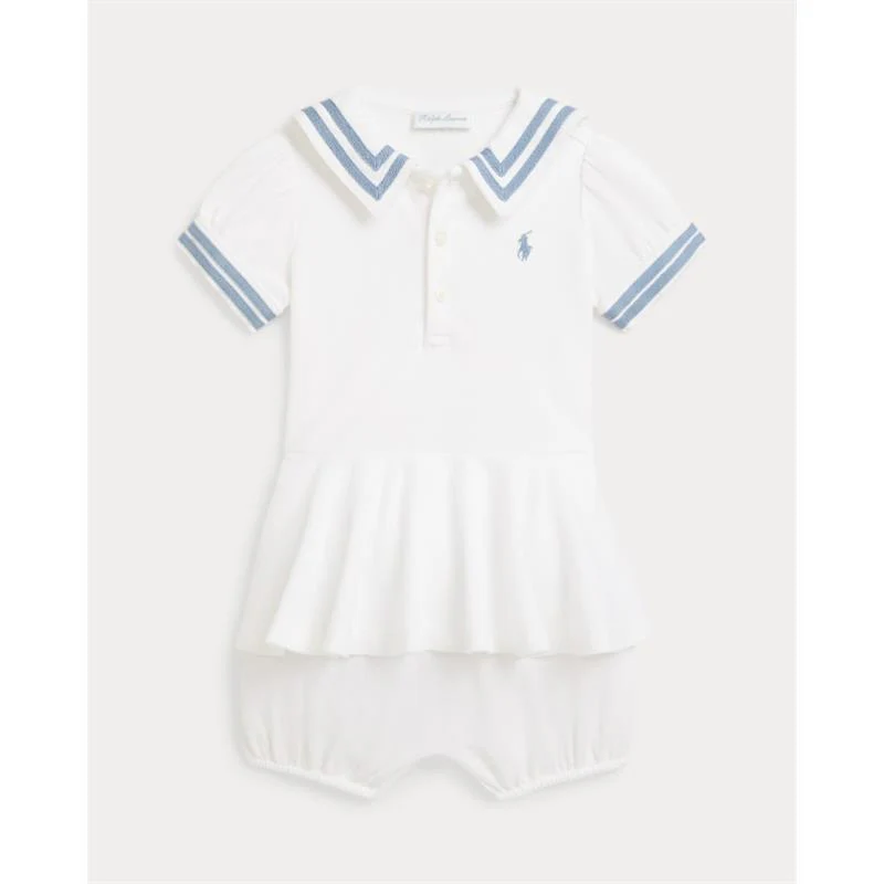 Ralph Lauren Short-Sleeve Stretch Mesh Sailor Peplum Bubble Shortall, White