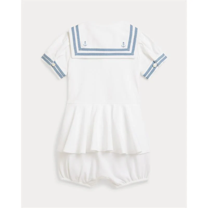 Ralph Lauren Short-Sleeve Stretch Mesh Sailor Peplum Bubble Shortall, White - Image 2