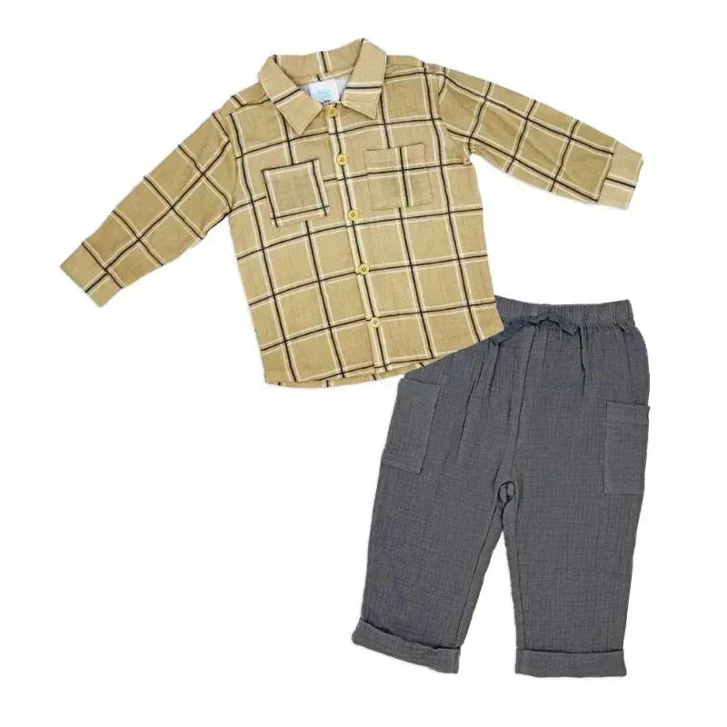 Rose Textile - 2Pk Baby Boys Gauze Pant Set, Beige Plaid