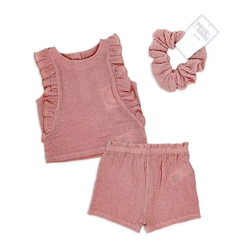 Rose Textile - 3Pk Toddler Girl Tod Gauze Pink Story Short Set