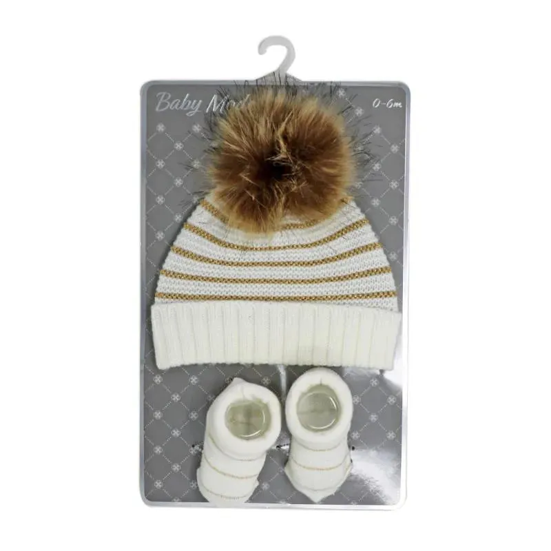 Rose Textile - Baby Blish Gold Lurex Stripe Hat & Bootie Set - Image 2