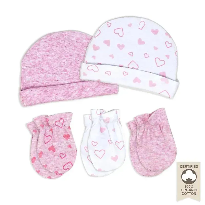 Rose Textiles - 100% Organic Cotton 5 Pack - Hat & Mitt Set, Pink Heart