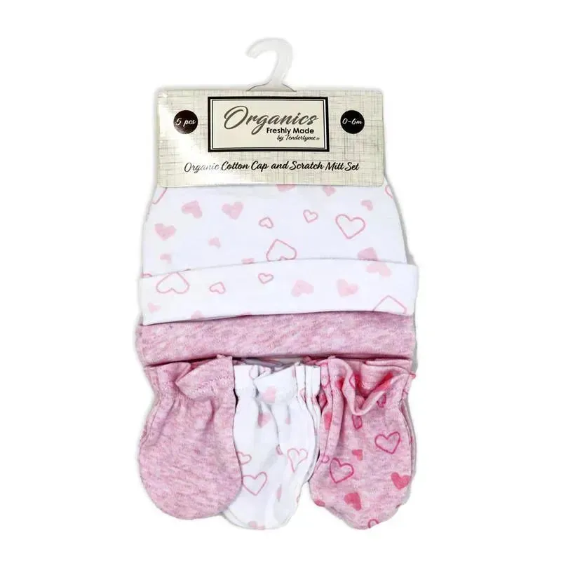 Rose Textiles - 100% Organic Cotton 5 Pack - Hat & Mitt Set, Pink Heart - Image 2