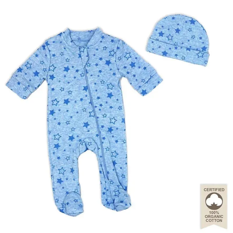 Rose Textiles - 100% Organic Heather Star Sleeper + Hat, Blue