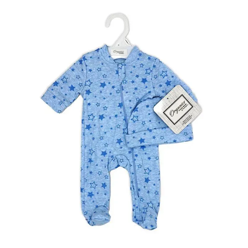 Rose Textiles - 100% Organic Heather Star Sleeper + Hat, Blue - Image 2