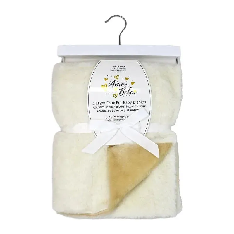 Rose Textiles - 2 Layer Faux Fur Plush Blanket,- Ivory/Tan - Image 2
