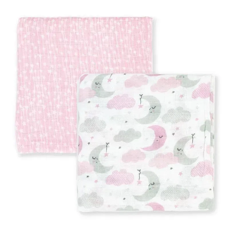 Rose Textiles - 2Pk Baby Girl Muslin Swaddle Blankets, Pink Star/Wave - Image 2