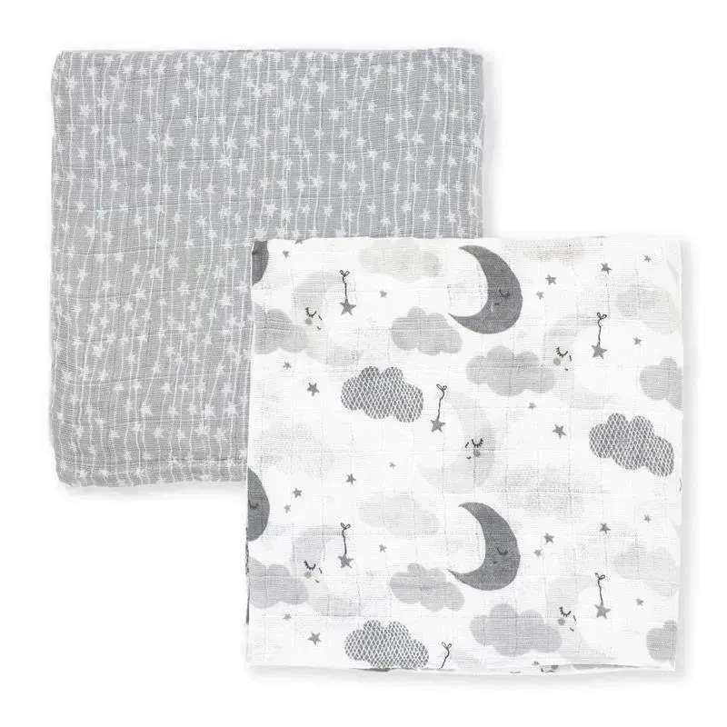 Rose Textiles - 2Pk Baby Muslin Swaddle Blankets, Grey Star/Wave - Image 2