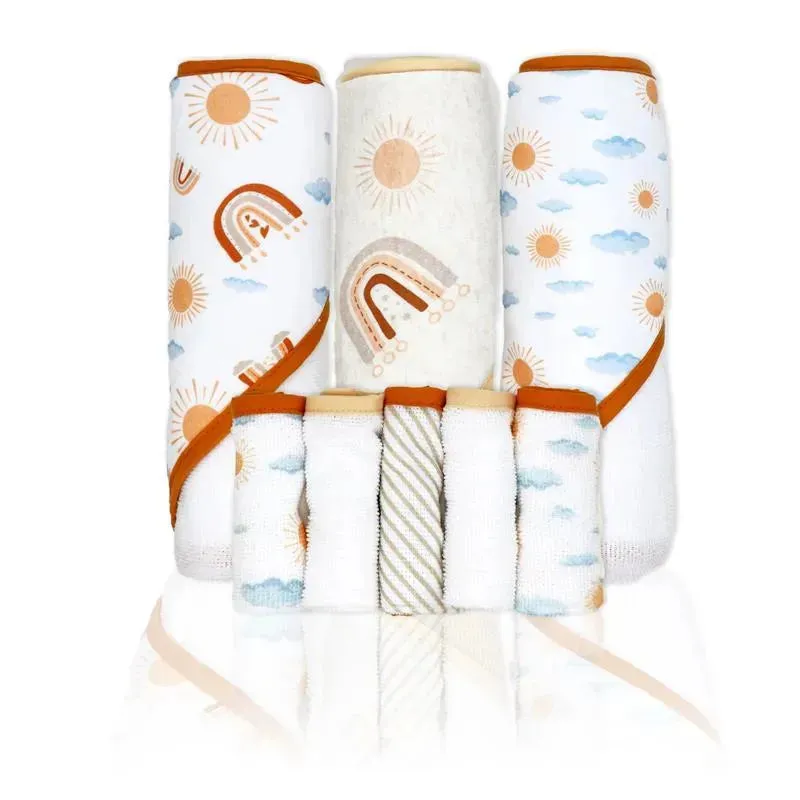 Rose Textiles - 3 Hooded Towels W/ 5 Washcloths, Peach Rainbows