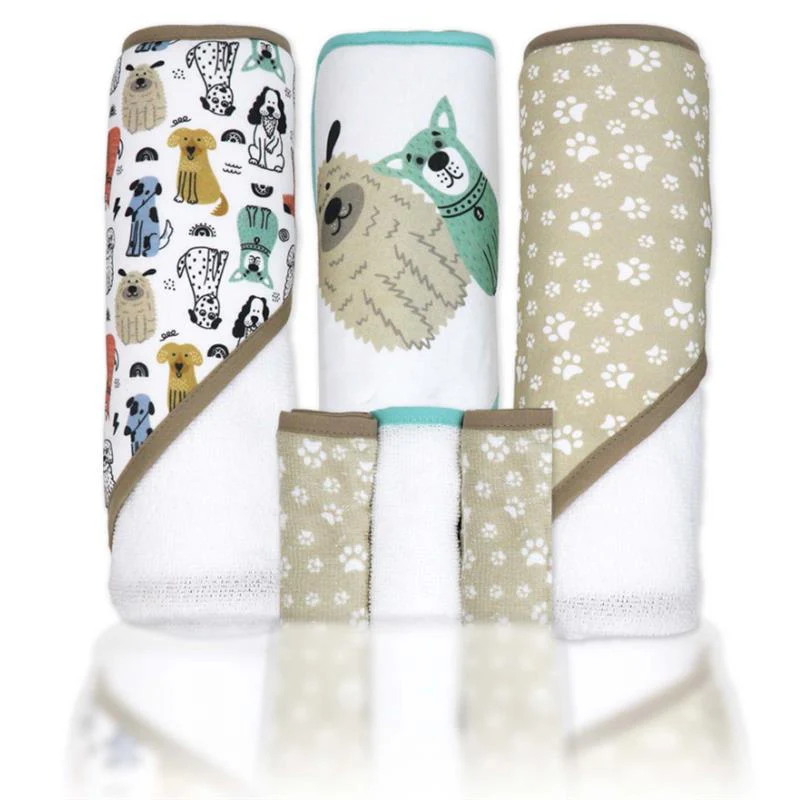 Rose Textiles 3 Hooded Towels With 3 Washcloths, Tan Doggies