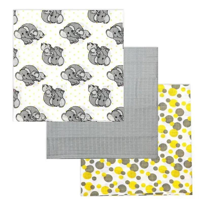 Rose Textiles - 3 Pack Muslin Swaddle Blanket, Elephant Yellow