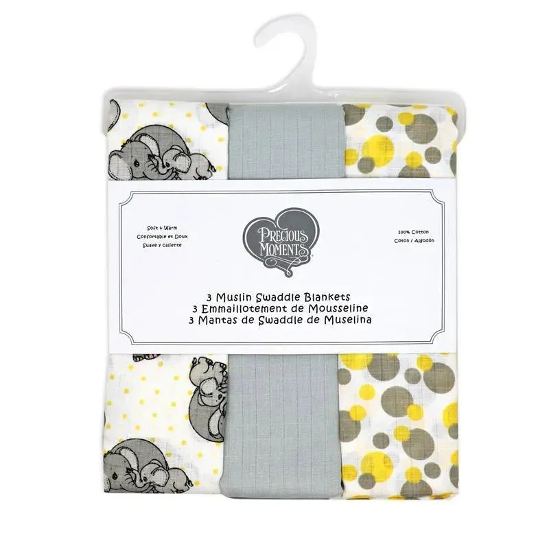 Rose Textiles - 3 Pack Muslin Swaddle Blanket, Elephant Yellow - Image 2