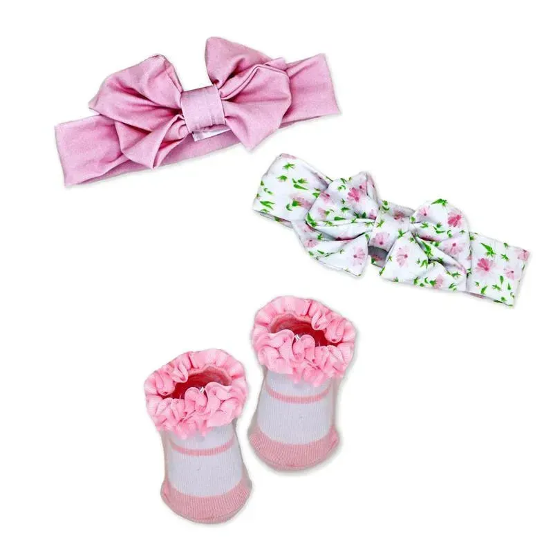 Rose Textiles - 3 Pc Socks And Bowties Set, Pink Flower