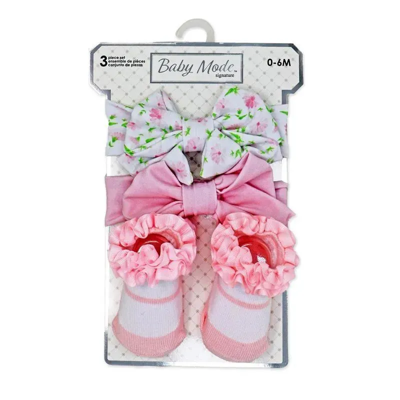 Rose Textiles - 3 Pc Socks And Bowties Set, Pink Flower - Image 2