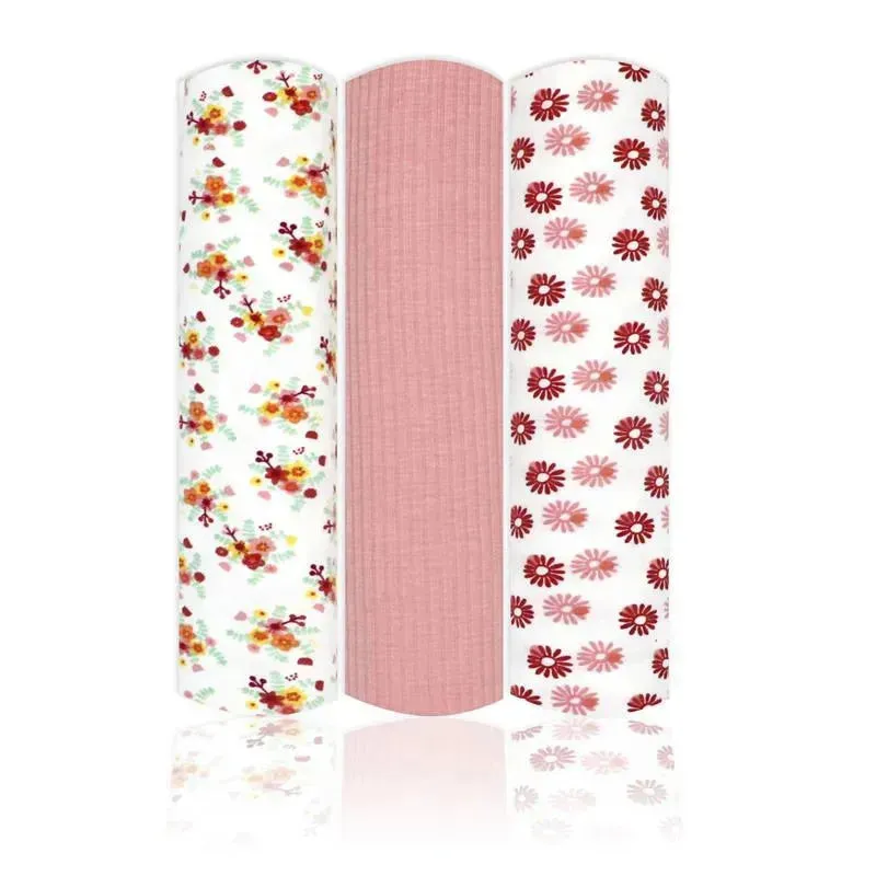 Rose Textiles - 3 Pk Knit Swaddles, Pink Daisies