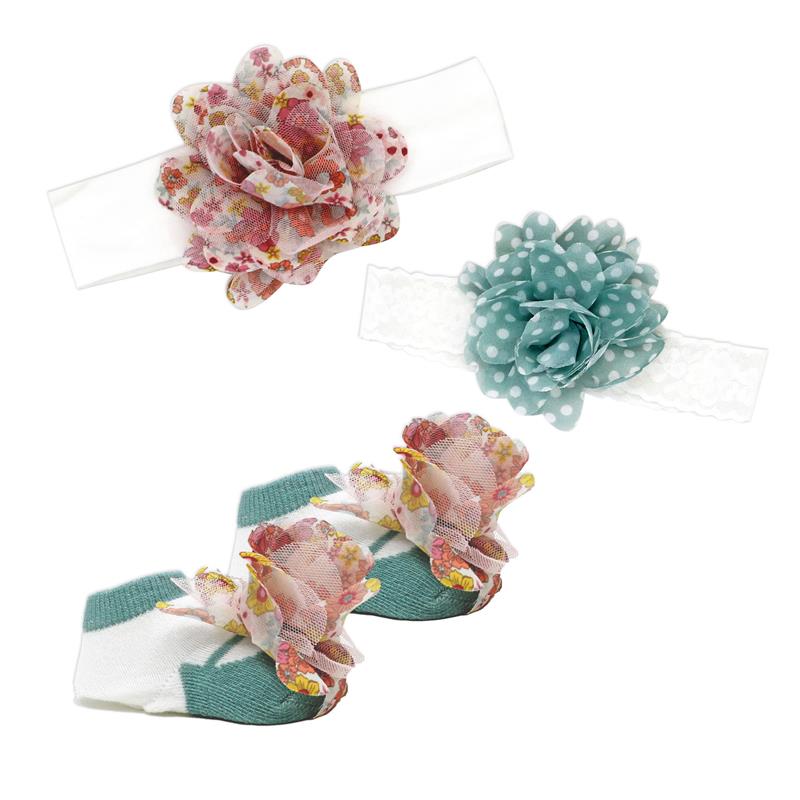 Rose Textiles - 3Pk Baby Chiffon Headband & Sock Set, Aqua Flowers