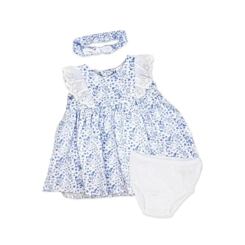 Rose Textiles - 3Pk Baby Girl Broderie Dress Set, Blue Floral