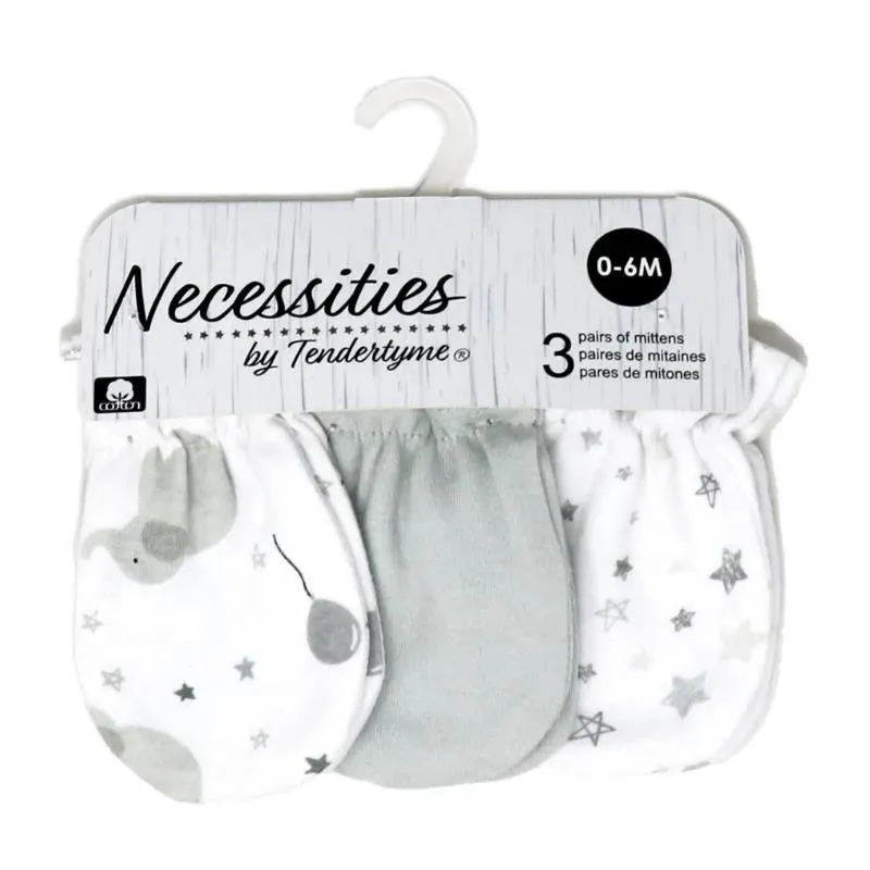 Rose Textiles - 3Pk Baby Unisex Grey Elephant Mitt