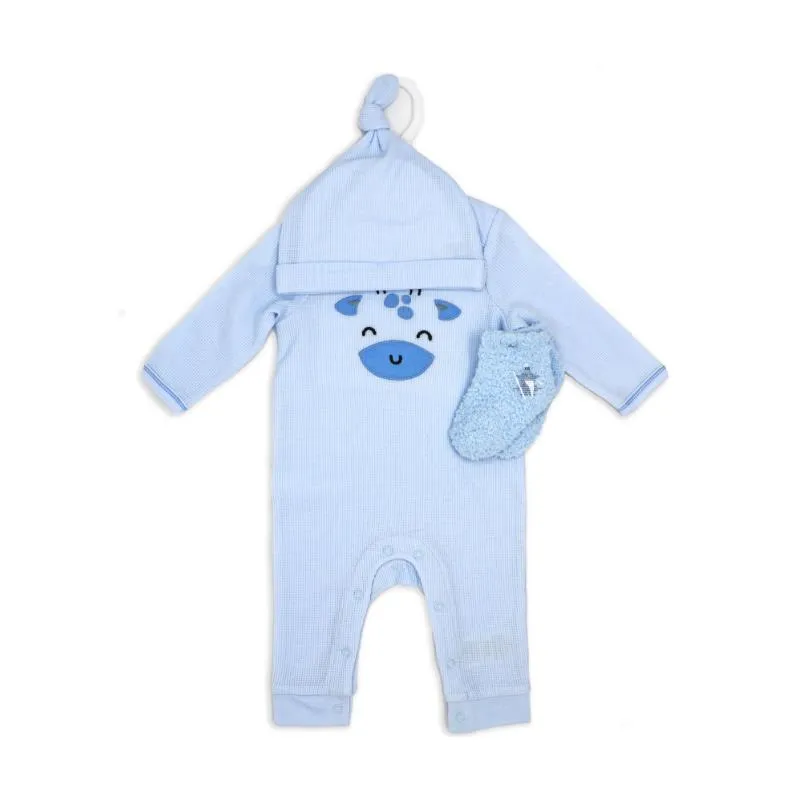 Rose Textiles - 3Pk Boys Waffle Coverall Set, Giraffe Blue - Image 2