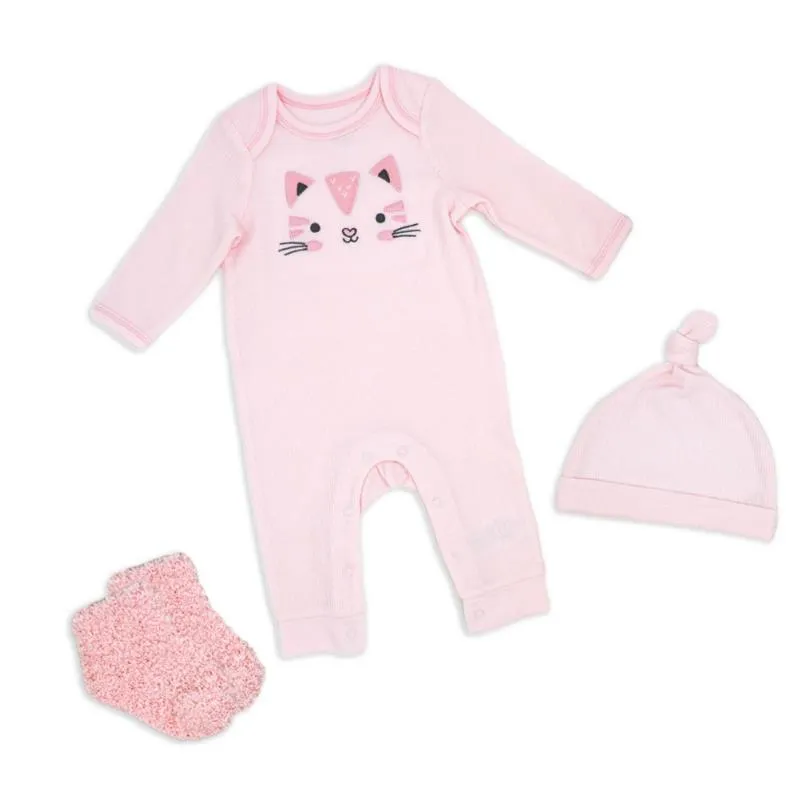 Rose Textiles - 3Pk Girls Waffle Coverall Set, Kitty Pink