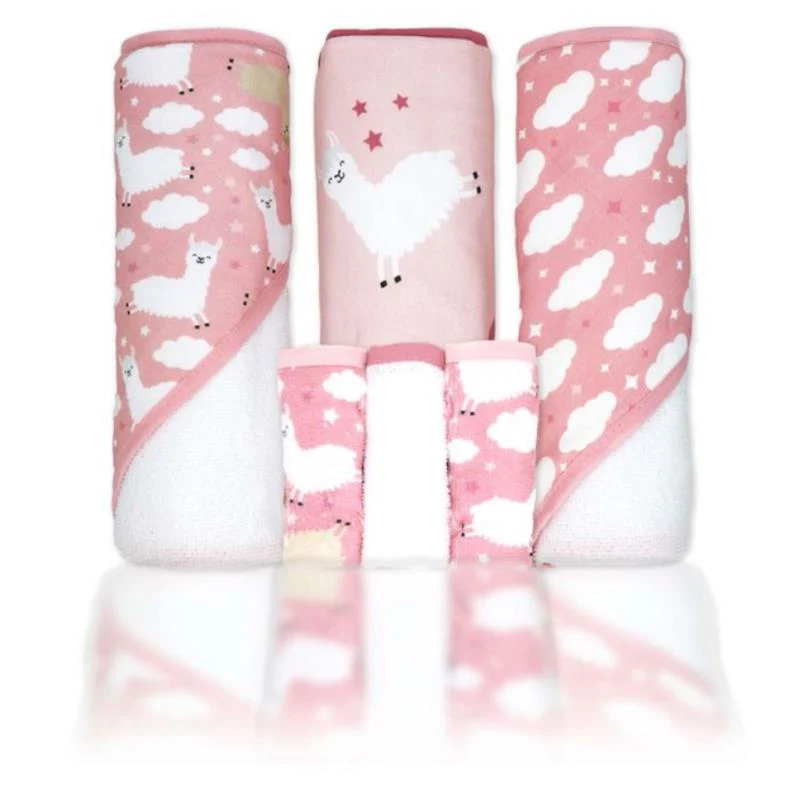 Rose Textiles 3Pk Hooded Towels With 3 Washcloths, Pink Llama