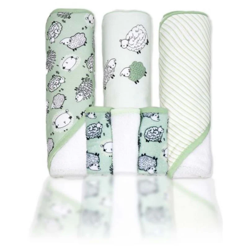 Rose Textiles 3Pk Hooded Towels With 3 Washcloths, Sage Sheep