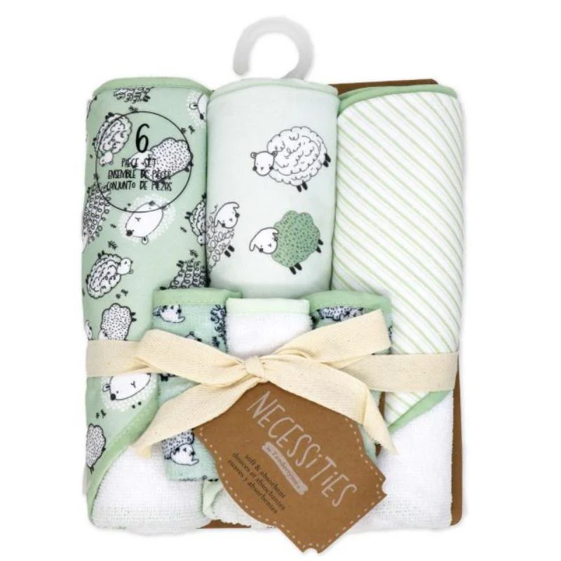 Rose Textiles 3Pk Hooded Towels With 3 Washcloths, Sage Sheep - Image 3