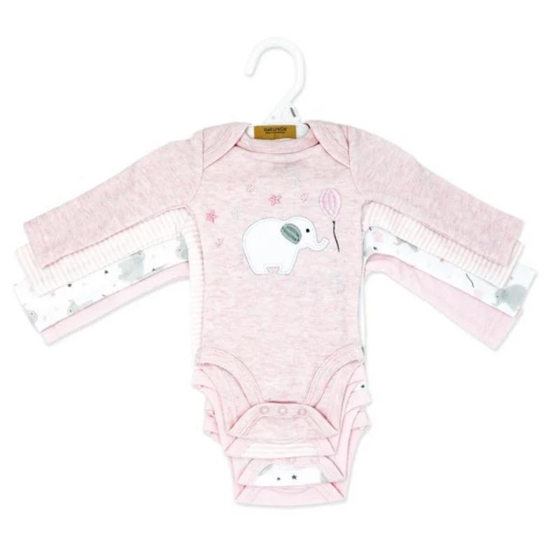 Rose Textiles 4Pk Baby Girl Naturelle Long Sleeve Bodysuit, Pink Elephant - Image 2
