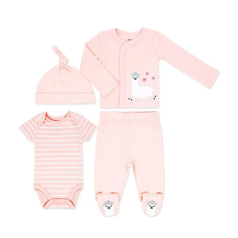 Rose Textiles - 4Pk Baby Girl Take Me Home Set, Pink Llama