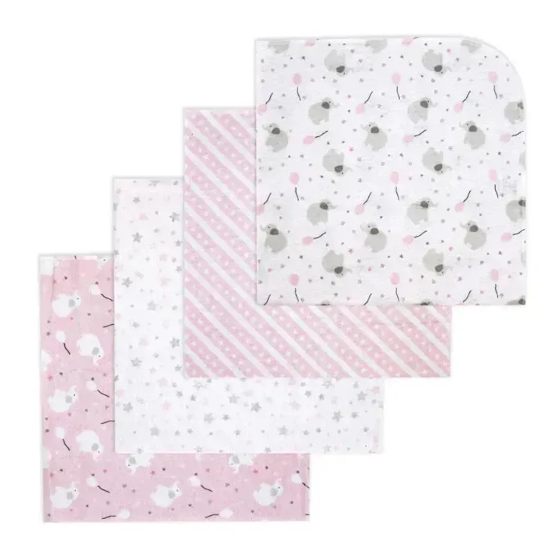 Rose Textiles - 4Pk Receiving Blanket, Pink Elephant & Balloon