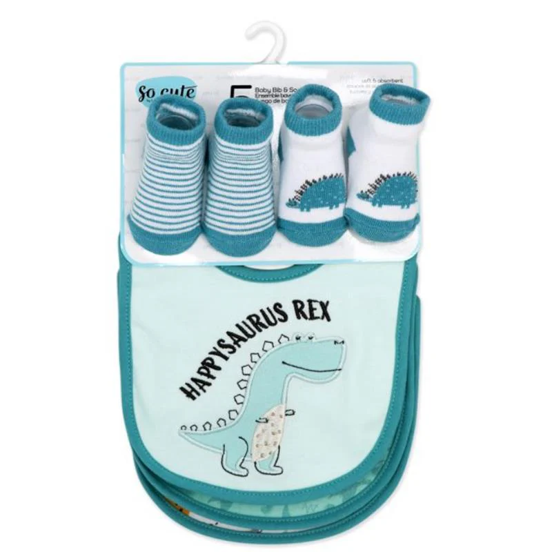 Rose Textiles - 5Pk Baby Boy Bib & Sock Set Teal Dino - Image 2
