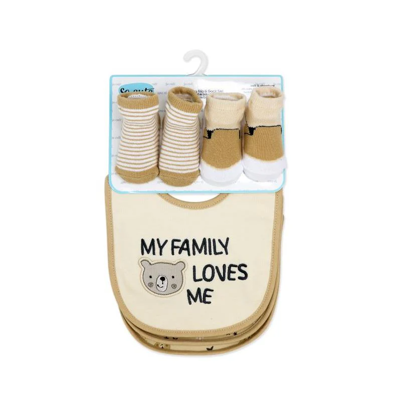 Rose Textiles - 5Pk Bib & Sock Set Tan Family Bear - Image 2